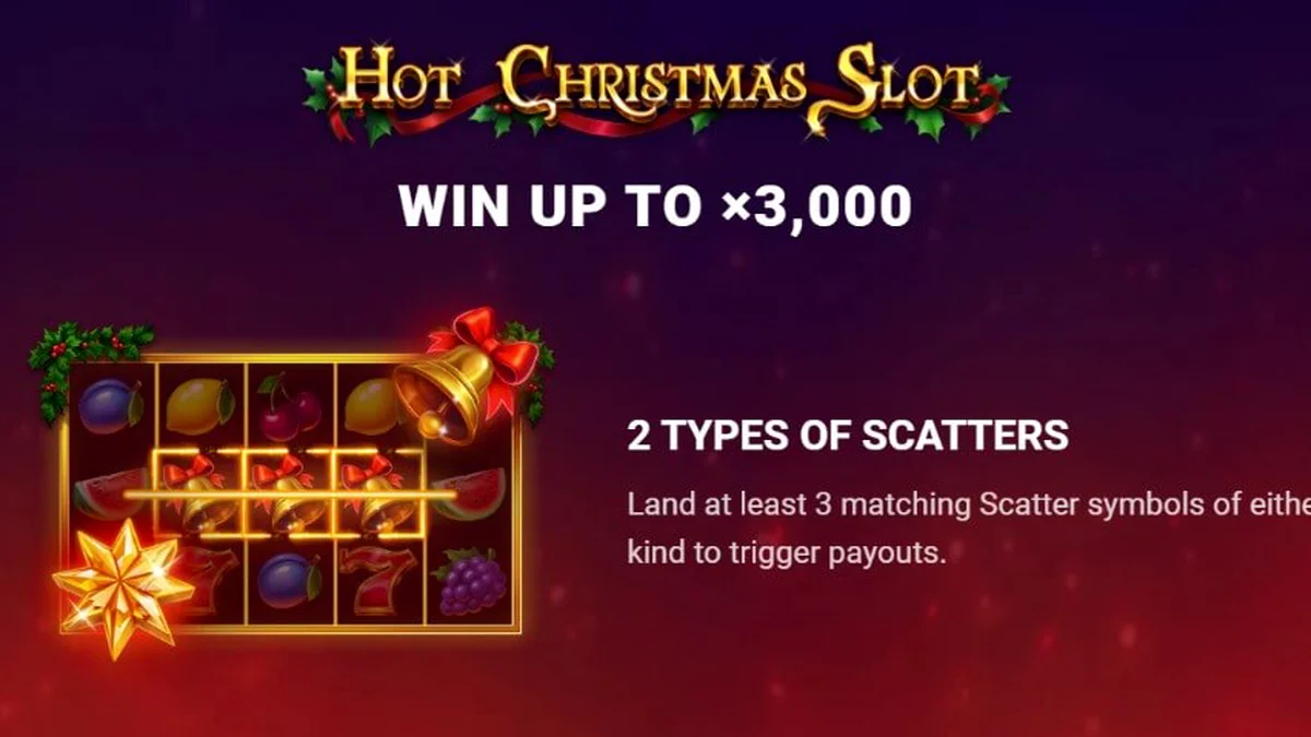 Tampilan visual retro Hot Christmas Slot dengan simbol buah dan nuansa liburan.
