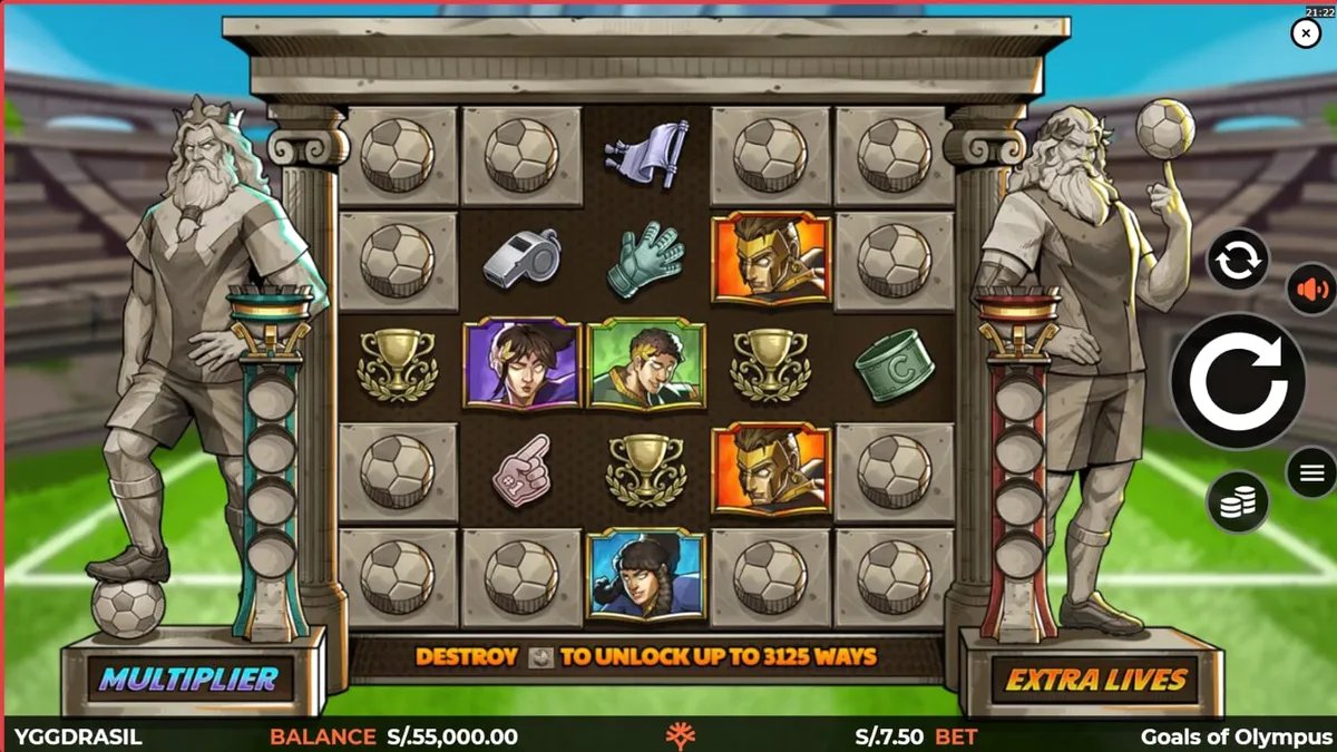 Tampilan grid 5x5 pada slot Goals of Olympus BoltLock dengan elemen mitologi dan sepak bola.